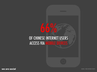 66%
                OF CHINESE INTERNET USERS
                ACCESS VIA MOBILE DEVICES




we are social                 ...