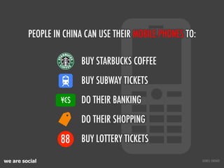 PEOPLE IN CHINA CAN USE THEIR MOBILE PHONES TO:

                        BUY STARBUCKS COFFEE
                        BUY ...
