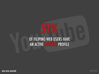 51%
                OF FILIPINO WEB USERS HAVE
                AN ACTIVE YOUTUBE PROFILE




we are social                ...