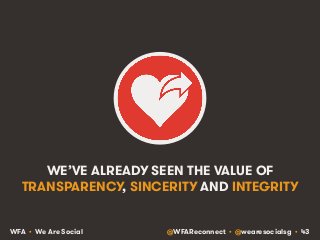 WE’VE ALREADY SEEN THE VALUE OF 
TRANSPARENCY, SINCERITY AND INTEGRITY 
WFA • We Are Social @WFAReconnect • @wearesocialsg...