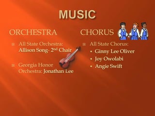 ORCHESTRA                  CHORUS
   All State Orchestra:      All State Chorus:
                 -

   Georgia Honor
    Orchestra:
 