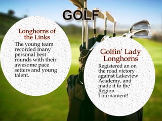 The young team
recorded many
personal best
rounds with their
awesome pace        Registered an on
setters and young   the road victory
talent.             against Lakeview
                    Academy, and
                    made it to the
                    Region
                    Tournament!
 