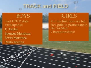 BOYS               GIRLS
Had FOUR state   For the first time we had
participants:    five girls to participate in
                 the 3A State
                 Championships!
 
