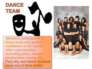 Members participated in
dance team and gained
confidence to try out for
other opportunities
including plays, drama
productions, tennis, etc.
 