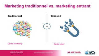 Marketing traditionnel vs. marketing entrant
Traditionnel Inbound
vs
Centré marketing Centré client
 