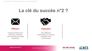 Comment mettre en place une campagne ?
La clé du succès n°2 ?
Implication
Des différents
interlocuteurs et contacts,
animation de la
communauté
Diffusion
Contact d’influenceurs
pertinents, cibler les
communautés et médias
appropriés
 