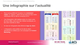 Cas pratique : exemple de Content Marketing
Une infographie sur l’actualité
● Nous avons profité de l’occasion d’un événément
majeur, le “Clasico”, match de foot entre les deux clubs
historiques PSG et OM en novembre 2014.
● Une infographie a été réalisée autour du match entre
les deux villes, mais avec des critères touristiques, en
lien avec l’activité du client.
● En bas de l’infographie était affiché le logo du client.
● L’infographie a été publiée sur le site du client
directement et utilisée pour une campagne de Content
Marketing.
 