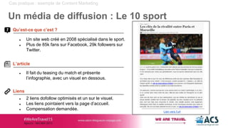 Cas pratique : exemple de Content Marketing
Un média de diffusion : Le 10 sport
Qu’est-ce que c’est ?
Liens
L’article
● Un site web créé en 2008 spécialisé dans le sport.
● Plus de 85k fans sur Facebook, 29k followers sur
Twitter.
● Il fait du teasing du match et présente
l’infographie, avec un visuel en dessous.
● 2 liens dofollow optimisés et un sur le visuel.
● Les liens pointaient vers la page d’accueil.
● Compensation demandée.
Lien vers l’url
 