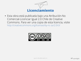 Licenciamiento 
• Esta obra está publicada bajo una Atribución-No 
Comercial-Licenciar Igual 2.0 Chile de Creative 
Common...