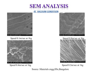 Speed 0.8m/sec at 1kgSpeed 0.1m/sec at 1kg
Speed 0.4m/sec at 1kg Speed 0.2m/sec at 1kg
Source :Materials engg,IISc,Bangalore
 