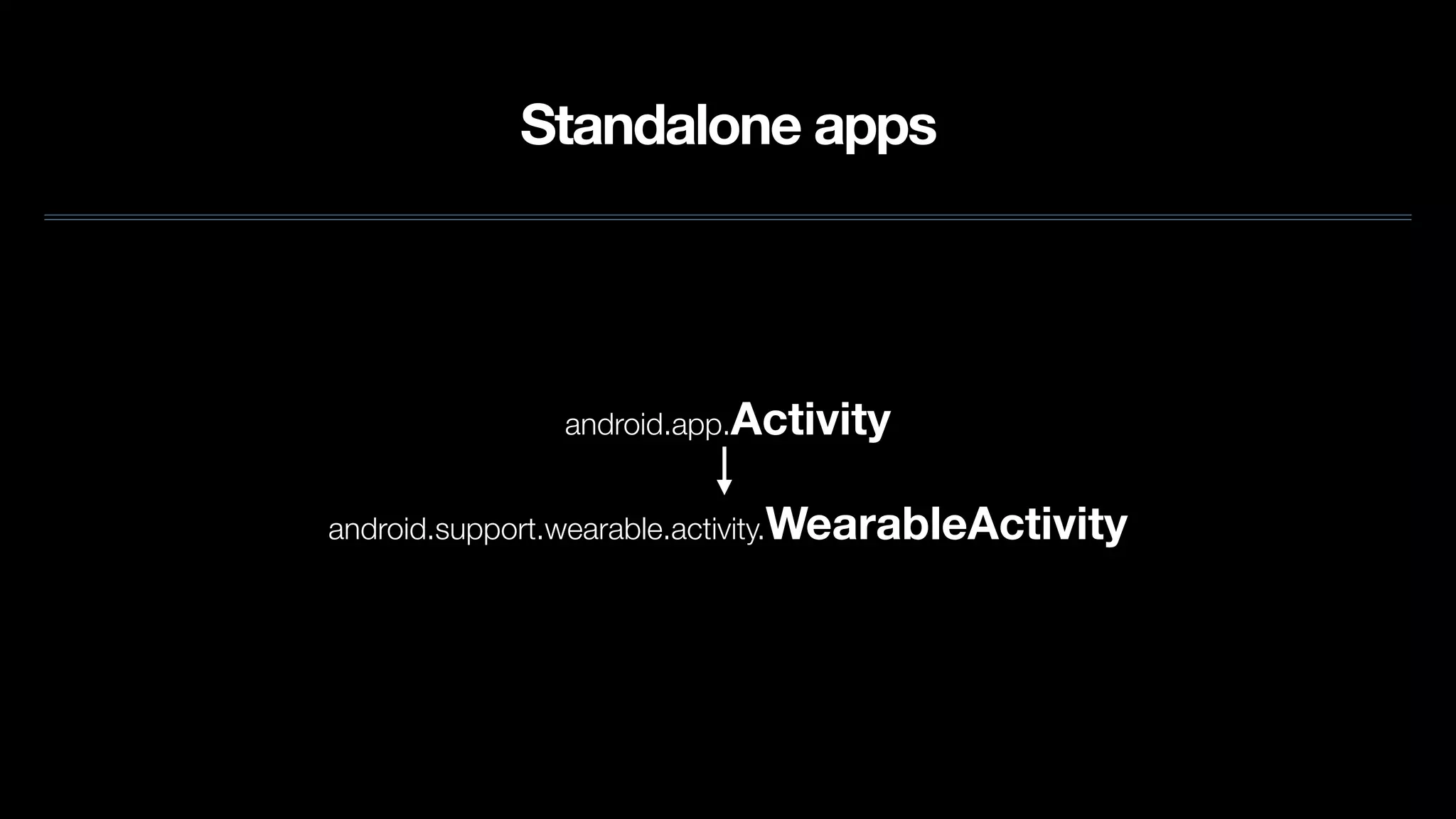 Standalone apps
android.app.Activity
android.support.wearable.activity.WearableActivity
 