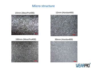 Micro structure
12mm (Hardox400)14mm (WearPro400)
100mm (WearPro400) 90mm (Hardox400)
 