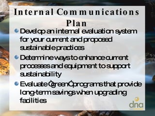Internal Communications Plan Develop an internal evaluation system for your current and proposed sustainable practices Determine ways to enhance current processes and equipment to support sustainability Evaluate “green” programs that provide long-term savings when upgrading facilities 