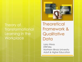 Theory of          Theoretical
Transformational   Framework &
Learning in the    Qualitative
Workplace          Data
                   Larry Weas
                   ETR745x
                   Northern Illinois University
                   Adult & Higher Education
 