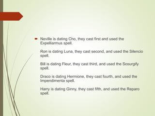 Neville is dating Cho, they cast first and used the
Expelliarmus spell.
Ron is dating Luna, they cast second, and used the Silencio
spell.
Bill is dating Fleur, they cast third, and used the Scourgify
spell.
Draco is dating Hermione, they cast fourth, and used the
Impendimenta spell.
Harry is dating Ginny, they cast fifth, and used the Reparo
spell.
 