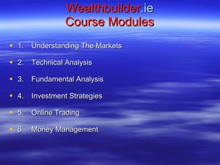 Wealthbuilder .ie Course Modules 1. Understanding The Markets 2. Technical Analysis 3. Fundamental Analysis 4. Investment Strategies 5. Online Trading 6. Money Management  