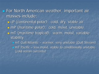 For North American weather, important air
masses include:
  cP (continental polar): cold, dry, stable air
  mP (maritime polar): cold, moist, unstable
  mT (maritime tropical): warm, moist, variable
  stability
    mT Gulf/Atlantic – warmer, very unstable (Gulf Stream)
    mT Pacific – less moist, stable to conditionally unstable
    (cold ocean currents)
 
