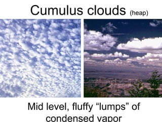 Cumulus clouds  (heap) Mid level, fluffy “lumps” of condensed vapor 