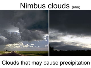 Nimbus clouds  (rain) Clouds that may cause precipitation 