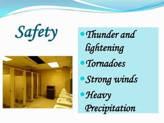 SafetyThunder and lighteningTornadoesStrong windsHeavy Precipitation