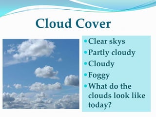 Cloud CoverClear skysPartly cloudyCloudyFoggyWhat do the clouds look like today?