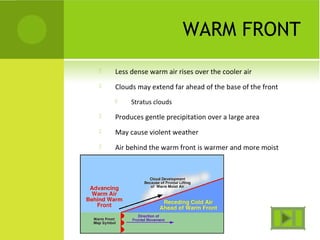 WARM FRONT
 Less dense warm air rises over the cooler air
 Clouds may extend far ahead of the base of the front
 Stratus clouds
 Produces gentle precipitation over a large area
 May cause violent weather
 Air behind the warm front is warmer and more moist
 