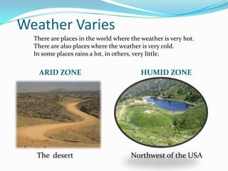 Weather Varies
  There are places in the world where the weather is very hot.
  There are also places where the weather is very cold.
  In some places rains a lot, in others, very little.


    ARID ZONE                             HUMID ZONE




   The desert                         Northwest of the USA
 