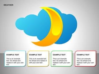 WEATHER
EXAMPLE TEXT
This is an example
text. Go ahead and
replace it with your own
text
EXAMPLE TEXT
This is an example text.
Go ahead and replace it
with your own text
EXAMPLE TEXT
This is an example
text. Go ahead and
replace it with your own
text
EXAMPLE TEXT
This is an example
text. Go ahead and
replace it with your own
text
 
