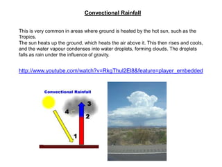 Convectional Rainfall
This is very common in areas where ground is heated by the hot sun, such as the
Tropics.
The sun heats up the ground, which heats the air above it. This then rises and cools,
and the water vapour condenses into water droplets, forming clouds. The droplets
falls as rain under the influence of gravity.

http://www.youtube.com/watch?v=RkgThul2El8&feature=player_embedded

 