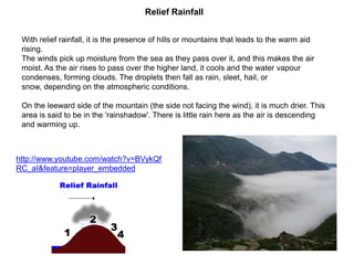 Relief Rainfall
With relief rainfall, it is the presence of hills or mountains that leads to the warm aid
rising.
The winds pick up moisture from the sea as they pass over it, and this makes the air
moist. As the air rises to pass over the higher land, it cools and the water vapour
condenses, forming clouds. The droplets then fall as rain, sleet, hail, or
snow, depending on the atmospheric conditions.
On the leeward side of the mountain (the side not facing the wind), it is much drier. This
area is said to be in the 'rainshadow'. There is little rain here as the air is descending
and warming up.

http://www.youtube.com/watch?v=BVykQf
RC_aI&feature=player_embedded

 