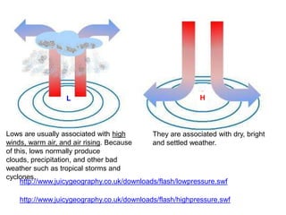 L

H

Lows are usually associated with high
They are associated with dry, bright
winds, warm air, and air rising. Because
and settled weather.
of this, lows normally produce
clouds, precipitation, and other bad
weather such as tropical storms and
cyclones.
http://www.juicygeography.co.uk/downloads/flash/lowpressure.swf
http://www.juicygeography.co.uk/downloads/flash/highpressure.swf

 
