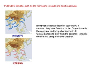 PERIODIC WINDS, such as the monsoons in south and south-east Asia.

Monsoons change direction seasonally. In
summer, they blow from the Indian Ocean towards
the continent and bring abundant rain. In
winter, monsoons blow from the continent towards
the sea and bring dry stable weather.

 