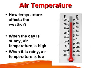 Air TemperatureAir Temperature
• How tempearture
affects the
weather?
• When the day is
sunny, air
temperature is high.
• When it is rainy, air
temperature is low.
 