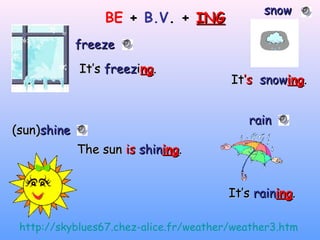 BE + B.V. + INGING
http://skyblues67.chez-alice.fr/weather/weather3.htm
snowsnow
ItIt’s’s snowsnowinging..
rainrain
It’sIt’s rainraininging..
(sun)(sun)shineshine
freezefreeze
It’sIt’s freezfreeziingng..
The sunThe sun isis shinshininging..
 