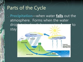 Parts of the Cycle
Precipitation—when water falls out the
atmosphere. Forms when the water
droplets in clouds become too heavy to
stay up.
 