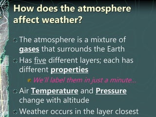 How does the atmosphere
affect weather?
The atmosphere is a mixture of
gases that surrounds the Earth
Has five different layers; each has
different properties
We’ll label them in just a minute…
Air Temperature and Pressure
change with altitude
Weather occurs in the layer closest
 