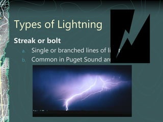 Types of Lightning
Streak or bolt
a. Single or branched lines of light
b. Common in Puget Sound area
 