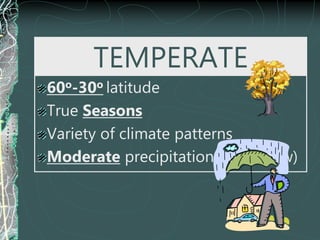 TEMPERATE
60o-30o latitude
True Seasons
Variety of climate patterns
Moderate precipitation (rain/snow)
 