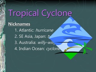 Tropical Cyclone
Nicknames
1. Atlantic: hurricane
2. SE Asia, Japan: typhoon
3. Australia: willy-willy
4. Indian Ocean: cyclone
 