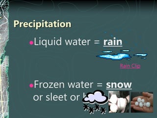 Precipitation
Liquid water = rain
Frozen water = snow
or sleet or hail
Rain Clip
 