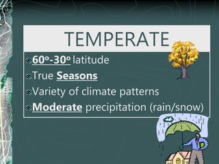 TEMPERATE
60o-30o latitude
True Seasons
Variety of climate patterns
Moderate precipitation (rain/snow)
 