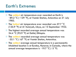 Earth’s Extremes The  coldest  air temperature ever recorded on Earth is −89.2 °C (−129 °F), at Vostok Station, Antarctica on 21 July 1983.  The  hottest  air temperature ever recorded was 57.7 °C (135.9 °F) at Al 'Aziziyah, Libya, on 13 September 1922. The highest recorded average annual temperature was 34.4 °C (93.9 °F) at Dallol, Ethiopia.  The  coldest  recorded average annual temperature was −55.1 °C (−67 °F) at Vostok Station, Antarctica.   The  coldest  average annual temperature in a permanently inhabited location is at Eureka, Nunavut, in Canada, where the annual average temperature is −19.7 °C (−3 °F) 
