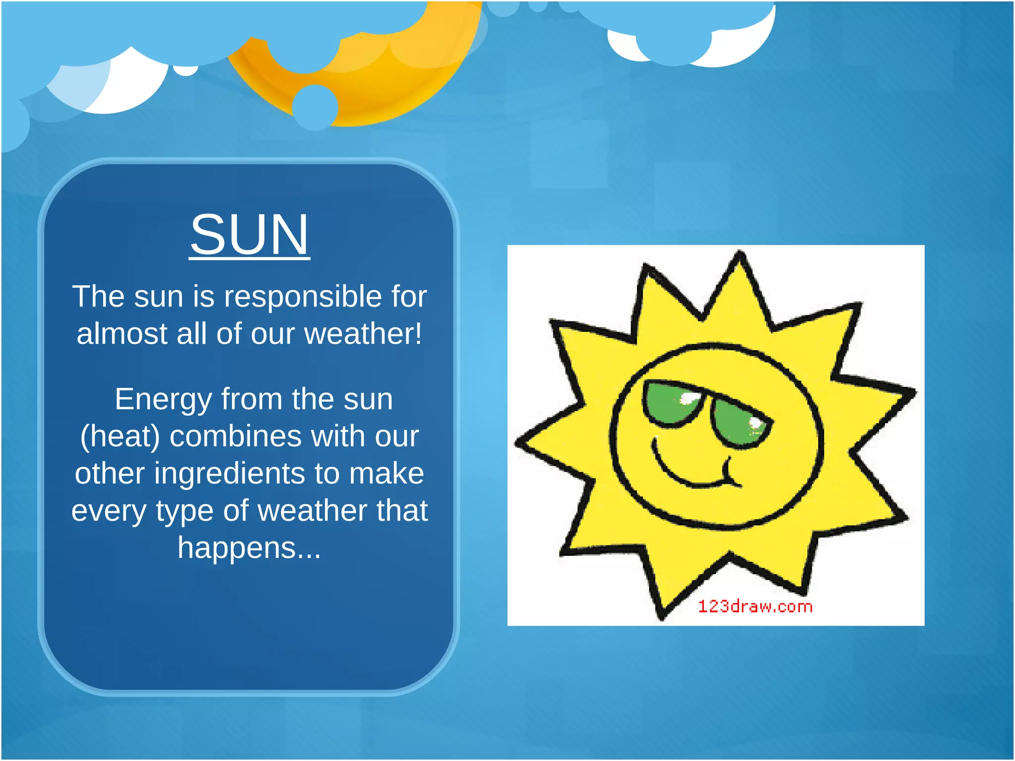 SUN The sun is responsible for almost all of our weather! Energy from the sun (heat) combines with our other ingredients to make every type of weather that happens... 