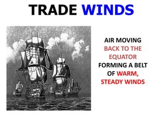 TRADE WINDS
         AIR MOVING
         BACK TO THE
          EQUATOR
       FORMING A BELT
          OF WARM,
        STEADY WINDS
 