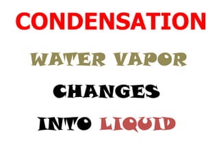 CONDENSATION
WATER VAPOR
  CHANGES
 INTO LIQUID
 