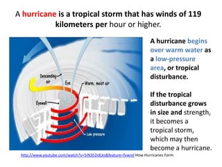 A hurricane is a tropical storm that has winds of 119
           kilometers per hour or higher.
                                                                  A hurricane begins
                                                                  over warm water as
                                                                  a low-pressure
                                                                  area, or tropical
                                                                  disturbance.

                                                                  If the tropical
                                                                  disturbance grows
                                                                  in size and strength,
                                                                  it becomes a
                                                                  tropical storm,
                                                                  which may then
                                                                  become a hurricane.
 http://www.youtube.com/watch?v=5iN352idLks&feature=fvwrel How Hurricanes Form
 