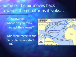 Some or the air moves back towards the equator as it sinks... Tradewinds:  Where do you think they got their name? Who were these winds particularly important to?  