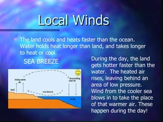Local Winds The land cools and heats faster than the ocean.  Water holds heat longer than land, and takes longer to heat or cool. SEA BREEZE During the day, the land gets hotter faster than the water.  The heated air rises, leaving behind an area of low pressure.  Wind from the cooler sea blows in to take the place of that warmer air. These happen during the day! 