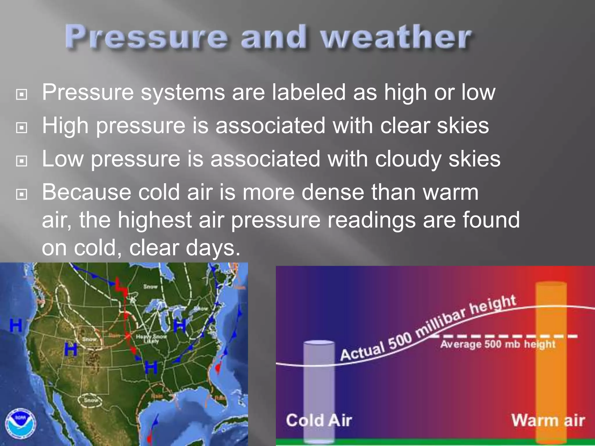    Pressure systems are labeled as high or low
   High pressure is associated with clear skies
   Low pressure is associated with cloudy skies
   Because cold air is more dense than warm
    air, the highest air pressure readings are found
    on cold, clear days.
 