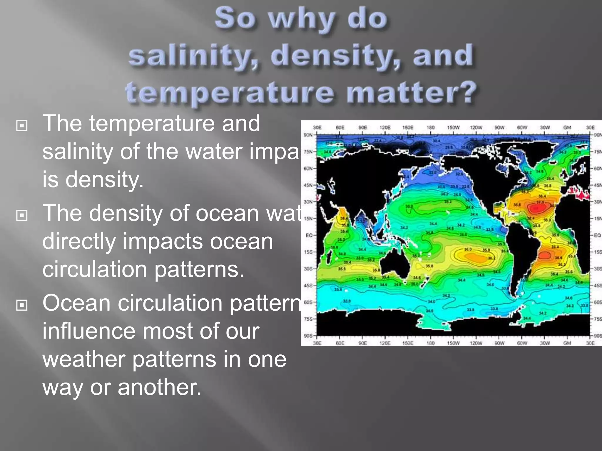    The temperature and
    salinity of the water impacts
    is density.
   The density of ocean water
    directly impacts ocean
    circulation patterns.
   Ocean circulation patterns
    influence most of our
    weather patterns in one
    way or another.
 
